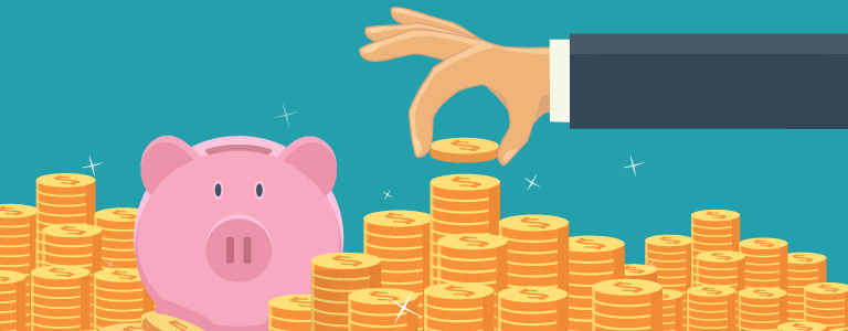 Lower Heating Bills Graphic featuring piggy bank and stacks of gold coins.