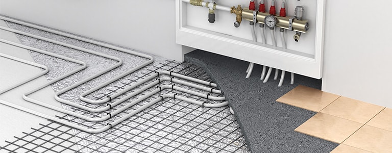 3D rendering of hydronic in-floor heating systems.